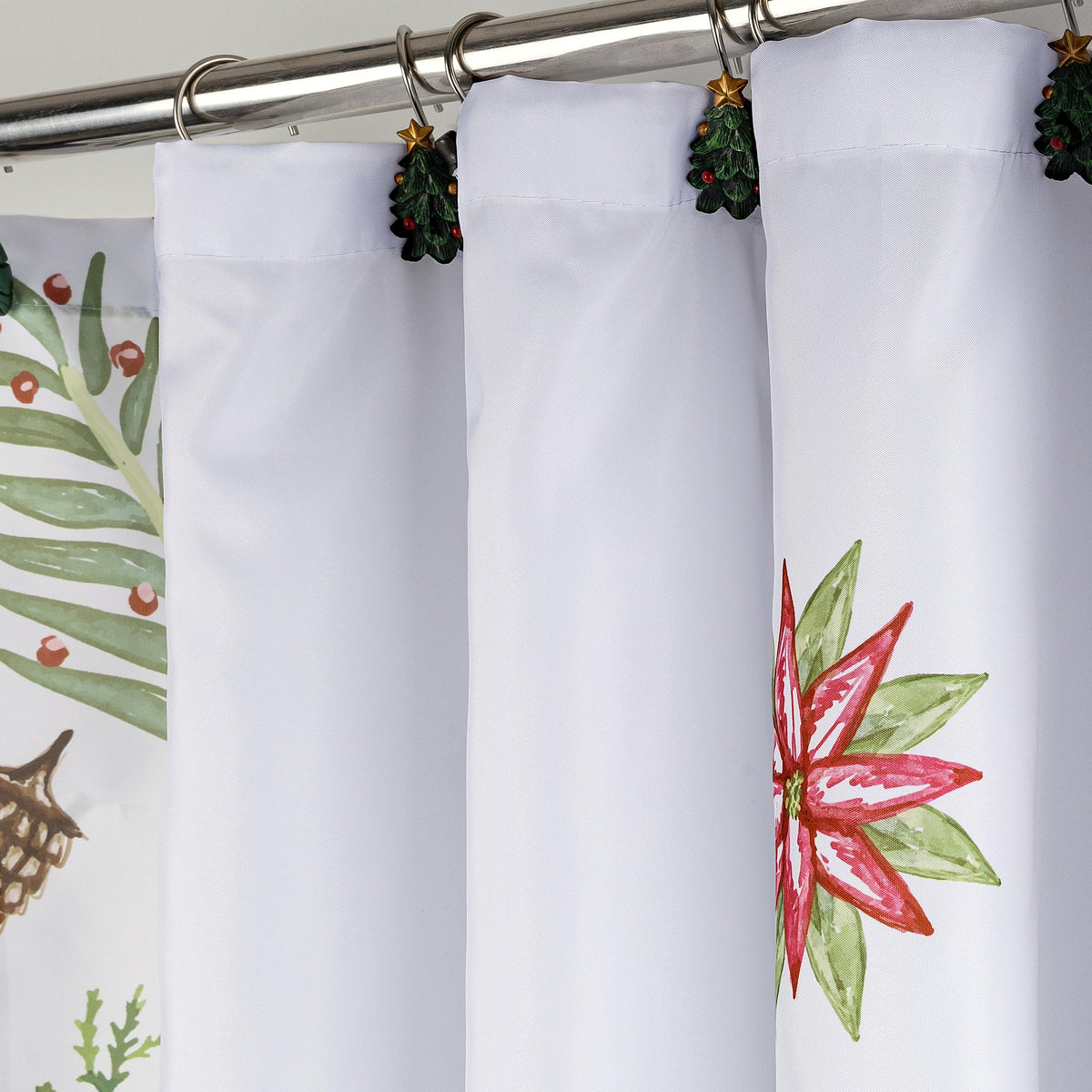 Sunlit Christmas Shower Curtain, Green Xmas Pine Tree with Red Star Ornament Holiday Floral Holly Berries Decorations Festive Bathroom Fabric Shower Curtain, Home Decor Tapestry, 72" x 72"