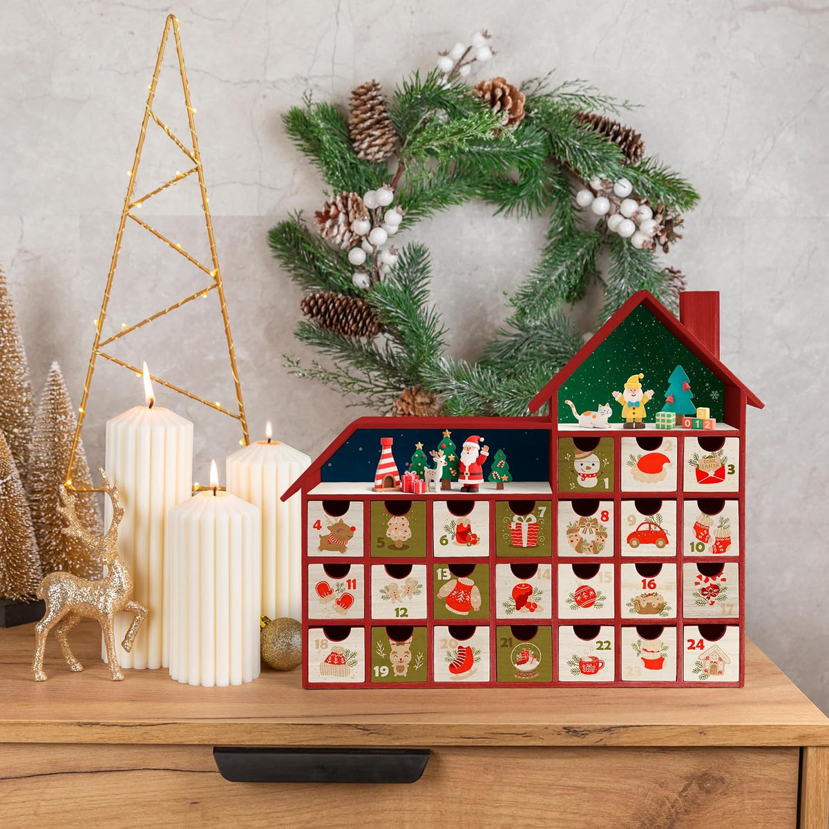 Sunlit Christmas Wooden Advent Calendar with Drawers, Unfinished Wooden, Chalet Shaped Countdown Calendar Ready to Decorate and Personalize | Craft Storage Box | DIY Guru and Crafters