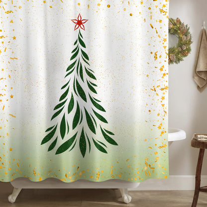 Sunlit Christmas Shower Curtain, Green Xmas Pine Tree with Red Star Ornament Holiday Floral Holly Berries Decorations Festive Bathroom Fabric Shower Curtain, Home Decor Tapestry, 72" x 72"