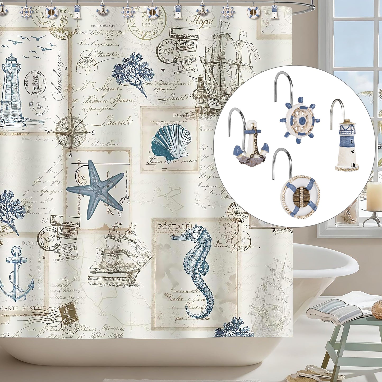 Sunlit Nautical Shower Curtain Hooks, Home Decorative Coastal Shower Curtain Rings for Bathroom, Resin, Ocean Shower Curtain Hanger Hooks for Living Room, Set of 12, Blue Lighthouse Sailboat
