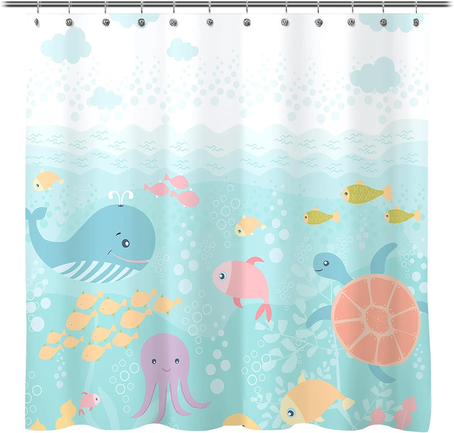 Sunlit Lovely Cartoon Sea Creatures Fabric Shower Curtain for Kids, Whale Turtle and Fish Bathroom Decor Curtain for Girls and Boys