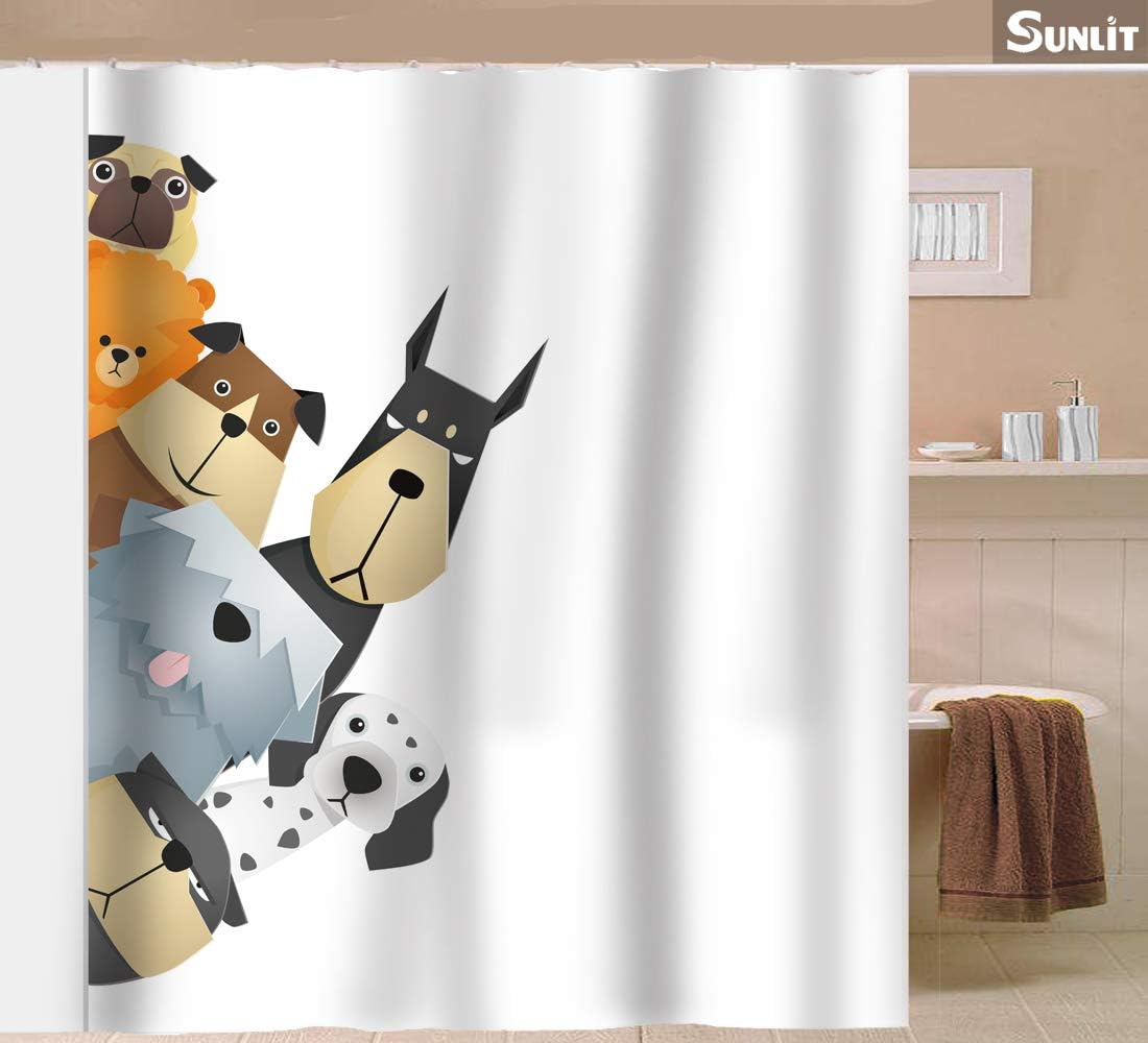 Sunlit Peekaboo Cute Dogs Curious Cartoon Puppy Fabric Shower Curtain for Kids Dogs Lovers, Tawny with Dalmatian Bulldog Pug Poodle Beagle, White