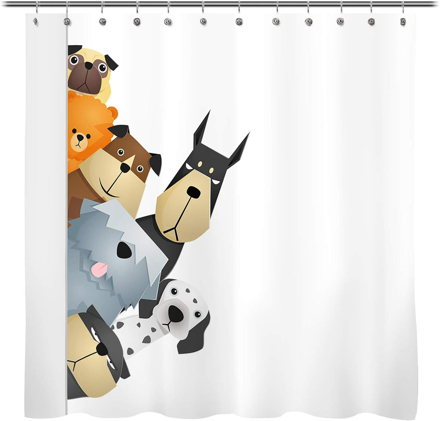 Sunlit Peekaboo Cute Dogs Curious Cartoon Puppy Fabric Shower Curtain for Kids Dogs Lovers, Tawny with Dalmatian Bulldog Pug Poodle Beagle, White