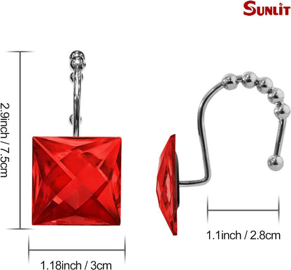 Sunlit Luxury Design Square Red Diamond Crystal Gem Bling with Glide Balls Shower Curtain Hooks, Rust Proof Metal Rhinestones Glam Shower Curtain Rings-12 Pack