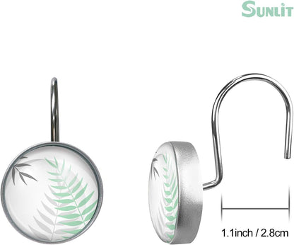 Sunlit Round Crystal Glass Decorative Shower Curtain Hooks, Rust Proof Oil Rubbed Metal Shower Curtain Rings, Leaf Shower Curtain Hooks-12 Pack, Gray Green Leaves