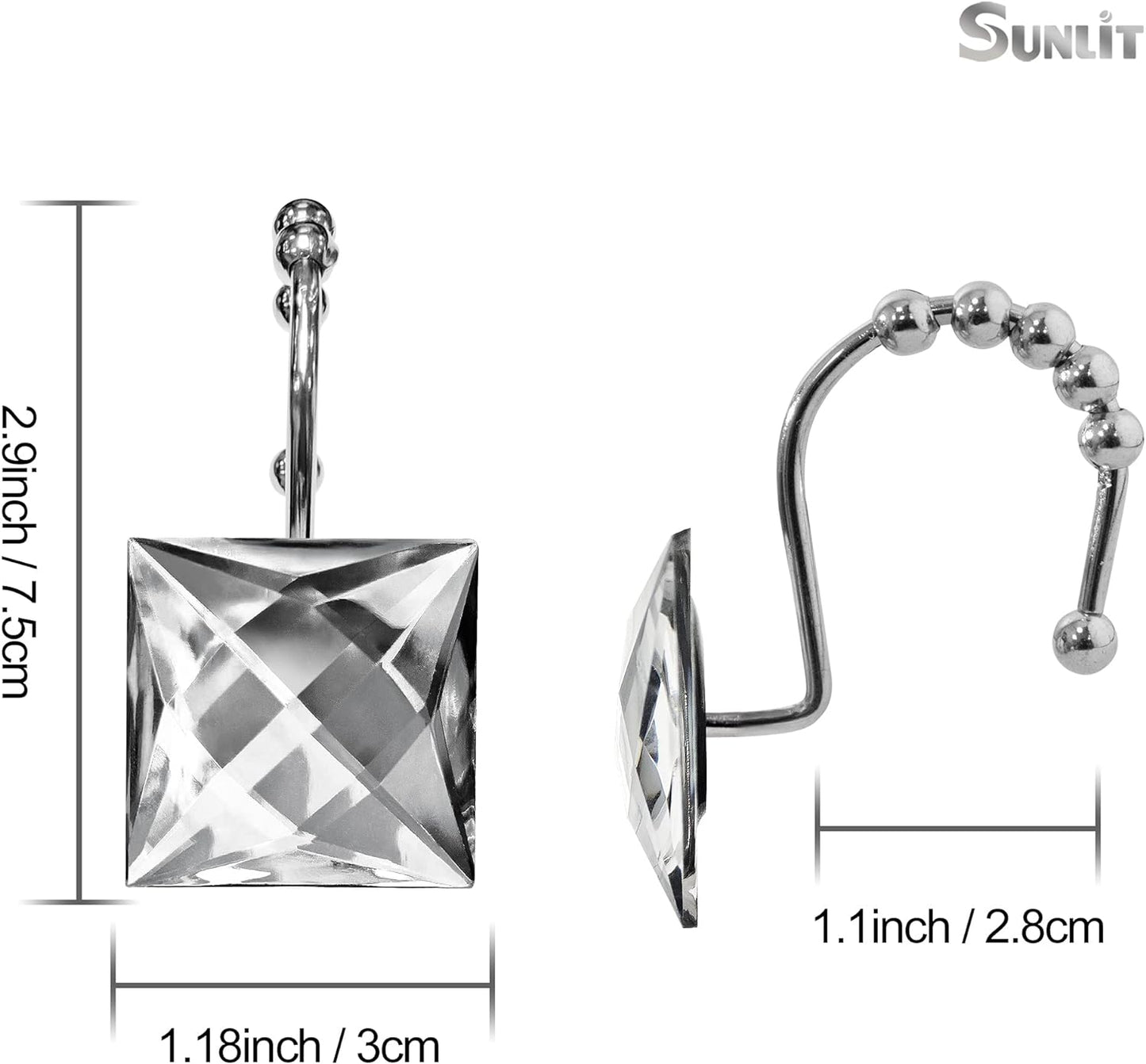 Sunlit Luxury Design Square Red Diamond Crystal Gem Bling with Glide Balls Shower Curtain Hooks, Rust Proof Metal Rhinestones Glam Shower Curtain Rings-12 Pack