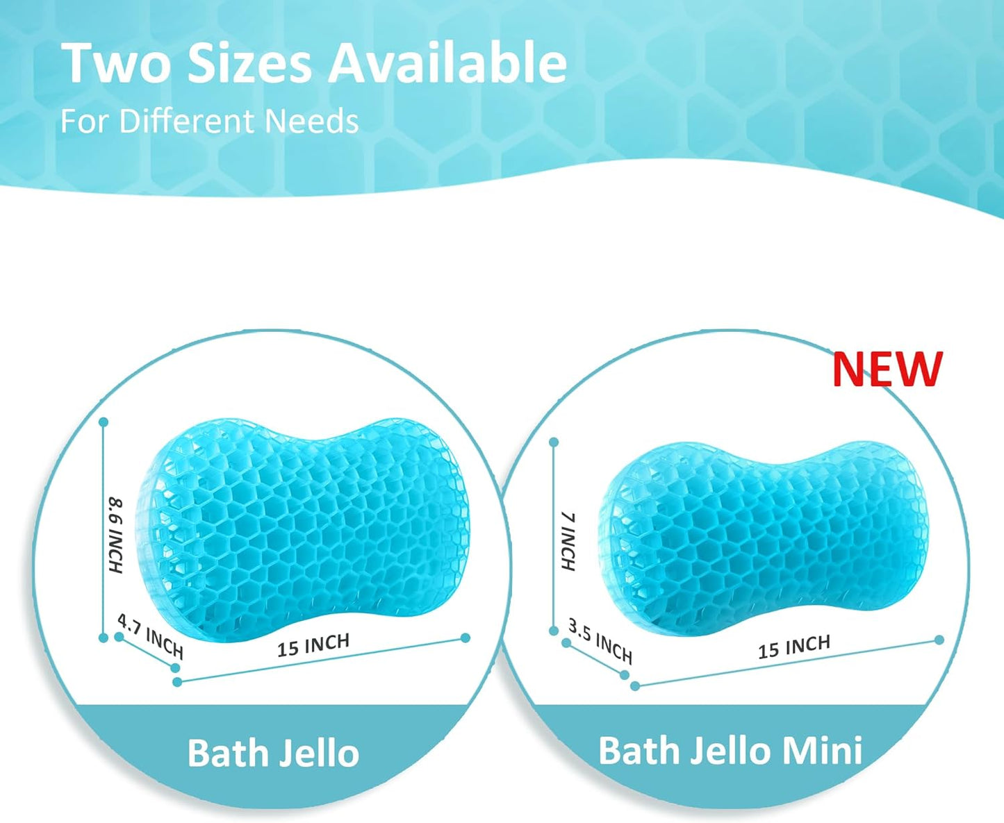 Sunlit Bath Jello Mini Gel Bath Pillows, Lumbar Pillow for Bathtub, Back Support Pillow, Gel Pillow with Non-Slip Suction Cups for Lumbar, Back Rest Support, Fits Curved or Straight Back Tubs, Aqua