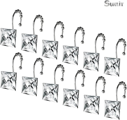 Sunlit Luxury Design Square Red Diamond Crystal Gem Bling with Glide Balls Shower Curtain Hooks, Rust Proof Metal Rhinestones Glam Shower Curtain Rings-12 Pack