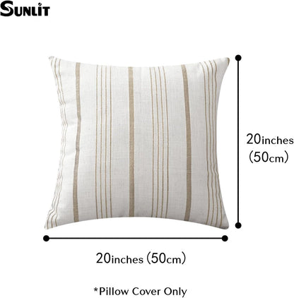 Sunlit Decorative Farmhouse Throw Pillow Case, Cover Only, Set of 2 Cream/Off-White with Charcoal Stripes Square Pillow Cover, 18" x 18", Textured Linen Throw Cushion Covers