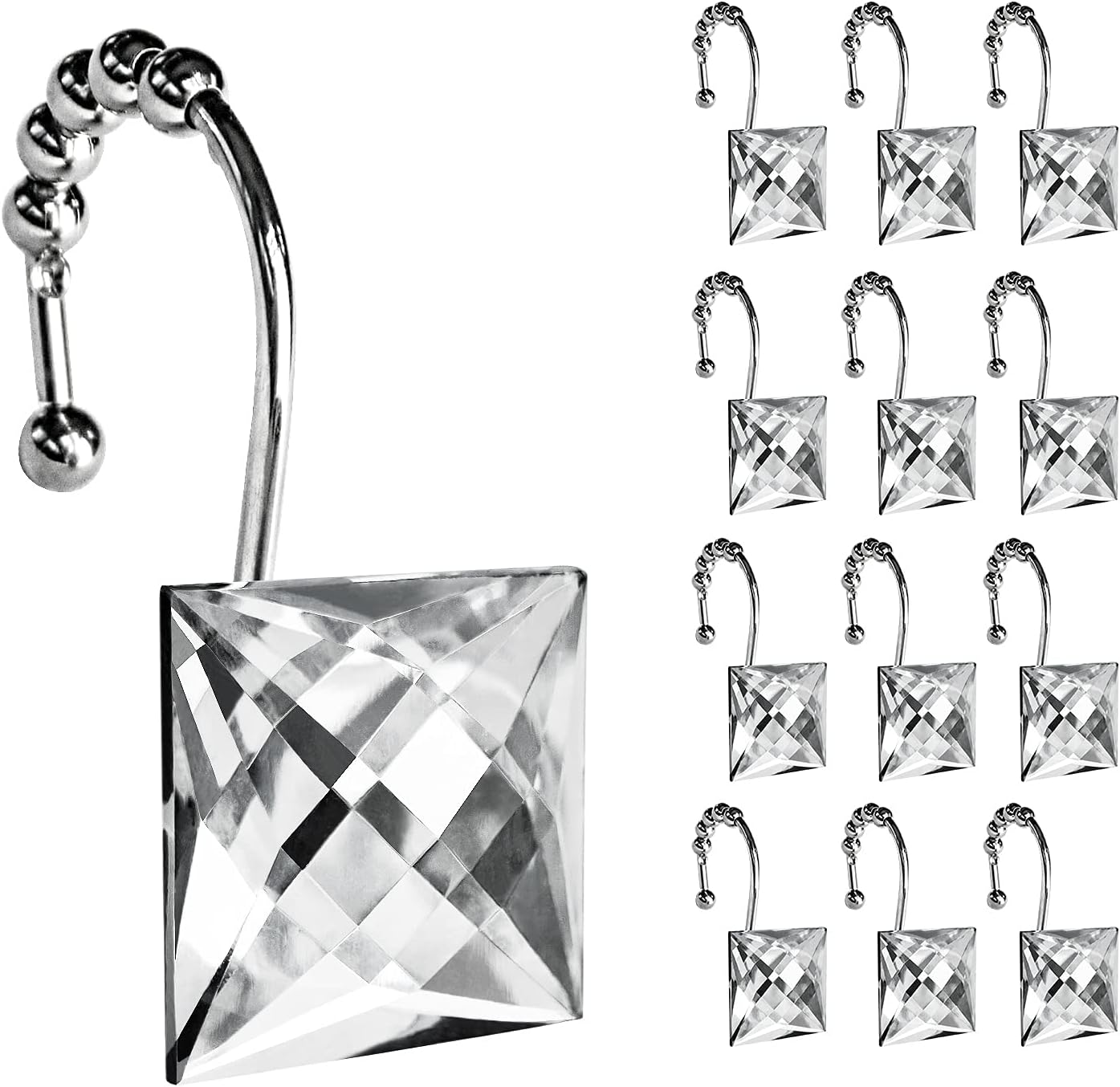 Sunlit Luxury Design Square Red Diamond Crystal Gem Bling with Glide Balls Shower Curtain Hooks, Rust Proof Metal Rhinestones Glam Shower Curtain Rings-12 Pack