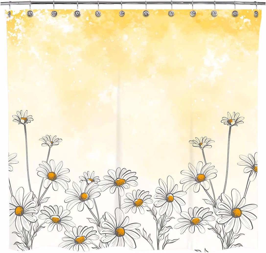 Sunlit Cortinas de ducha de tela de flores de diseño, hermosa decoración de baño de flor de margarita con fondo amarillo
