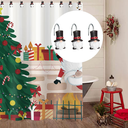 Sunlit Christmas Shower Curtain Hooks, Gnome Shower Curtain Rings, Hand Painted Resin Christmas Decor, Winter Bathroom Decoration, Black Top Hat, Set of 12