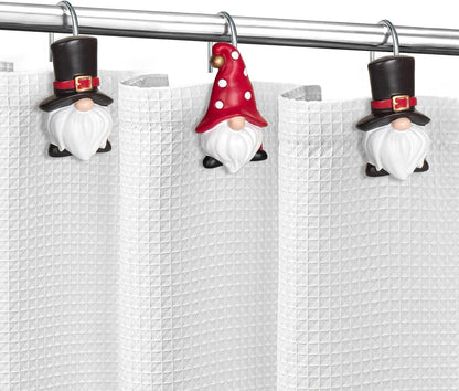 Sunlit Christmas Shower Curtain Hooks, Gnome Shower Curtain Rings, Hand Painted Resin Christmas Decor, Winter Bathroom Decoration, Black Top Hat, Set of 12