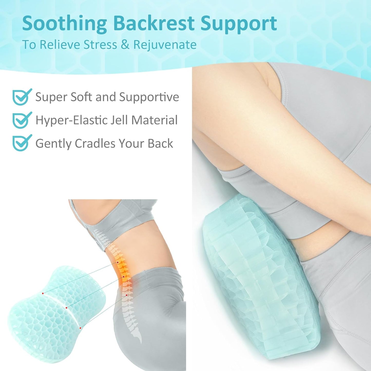 Sunlit Bath Jello Gel Bath Pillows, Lumbar Pillow for Bathtub, Back Support Pillow, Gel Pillow with Non-Slip Suction Cups for Lumbar, Back Rest Support, Fits Curved or Straight Back Tubs, White