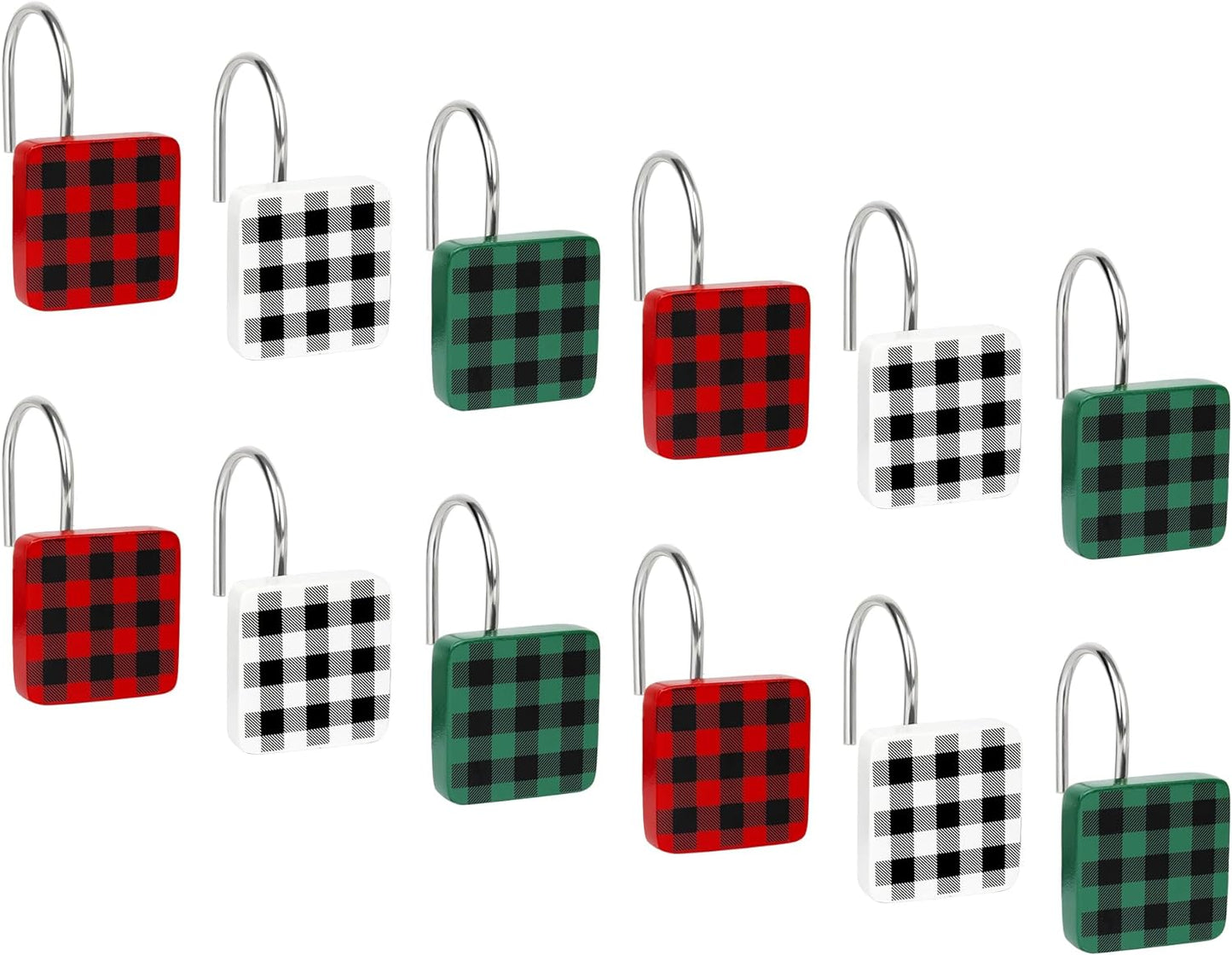 Christmas Decorative Shower Curtain Hooks, Plaid Buffalo Check Shower Curtain Rings, Xmas Classic Decor for Bathroom Home, Round Shower Curtain Hangers, Set of 12, White Black Red Green