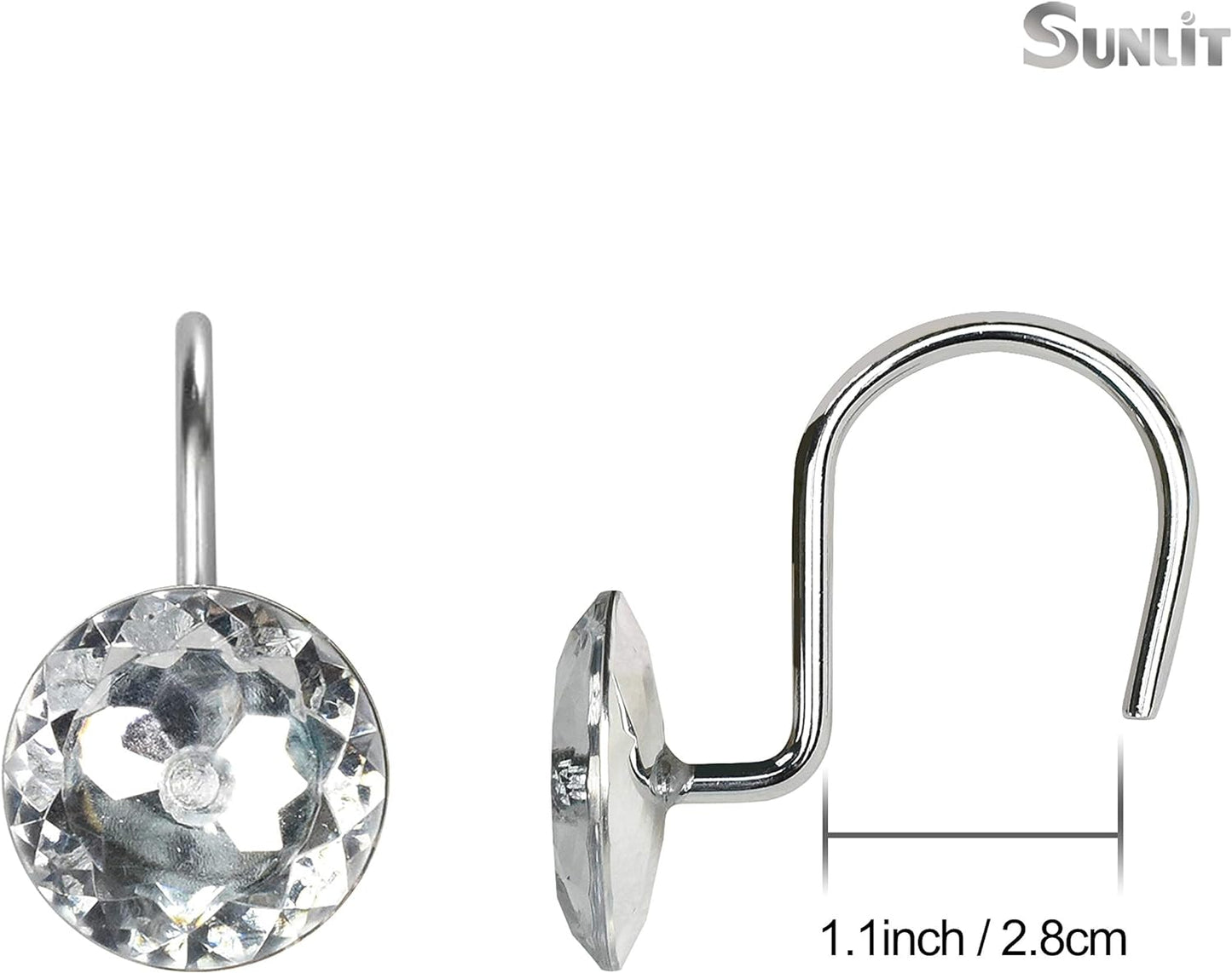 Sunlit Luxury Design Glitter Round Diamond Crystal Gem Bling Shower Curtain Hooks Rust Proof Oil Rubbed Metal Shower Curtain Rings - Rhinestones Clear Glam Shower Curtain Hooks - 12 Pack