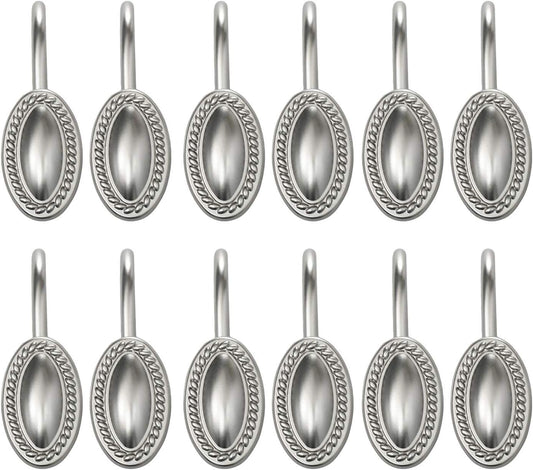 Sunlit Luxury Design Brushed Nickel Oval Shower Curtain Hooks Rust Proof Oil Rubbed Metal Shower Curtain Rings - Satin Matte Silver - 12 Pack