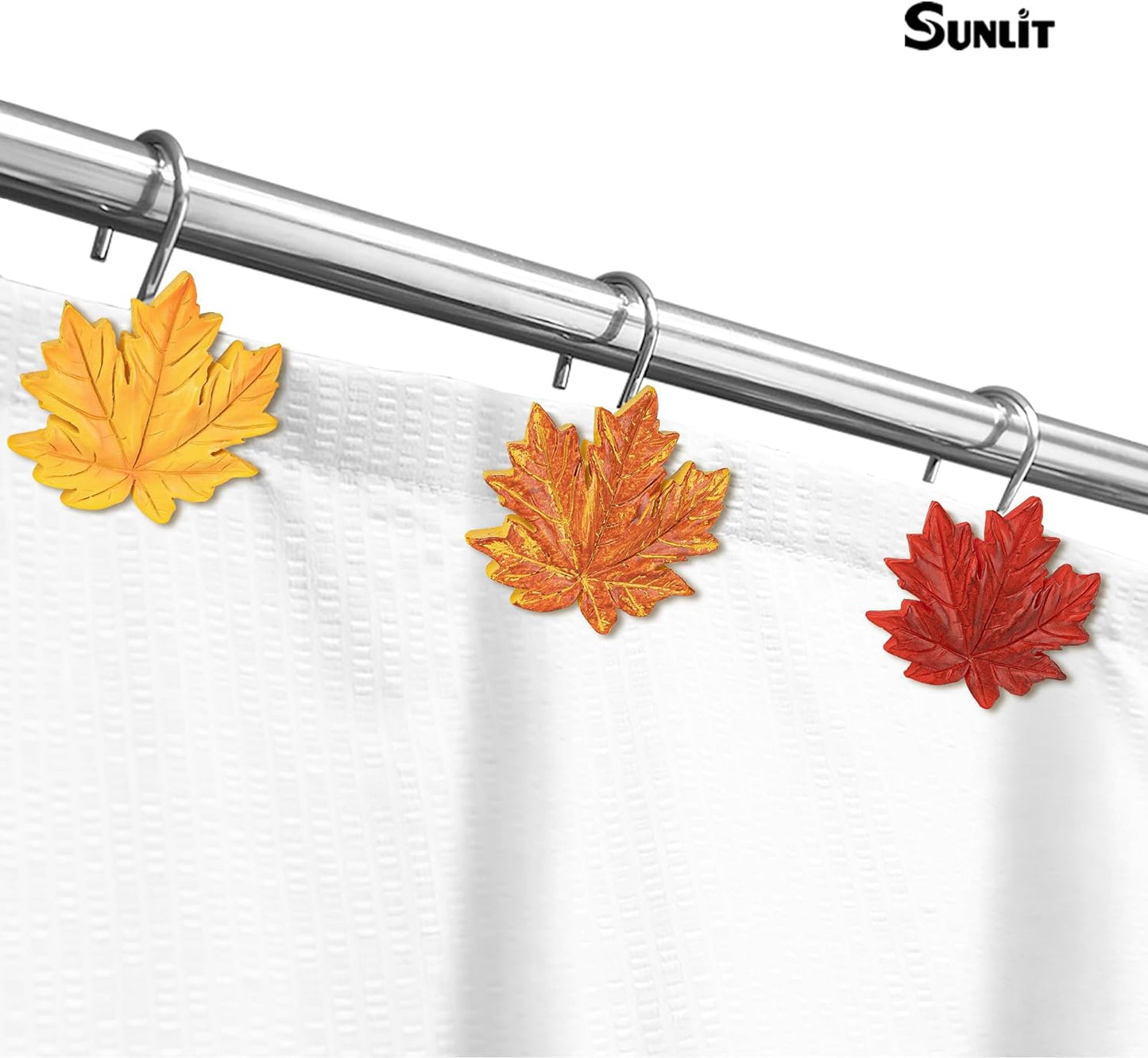 Sunlit Maple Leaf Shower Curtain Hooks for Fall Autumn, Home Decorative Shower Curtain Rings for Bathroom, Resin, Orange Red Maple Leaves Shower Curtain Hangers Hooks Bath Accessories, Set of 12