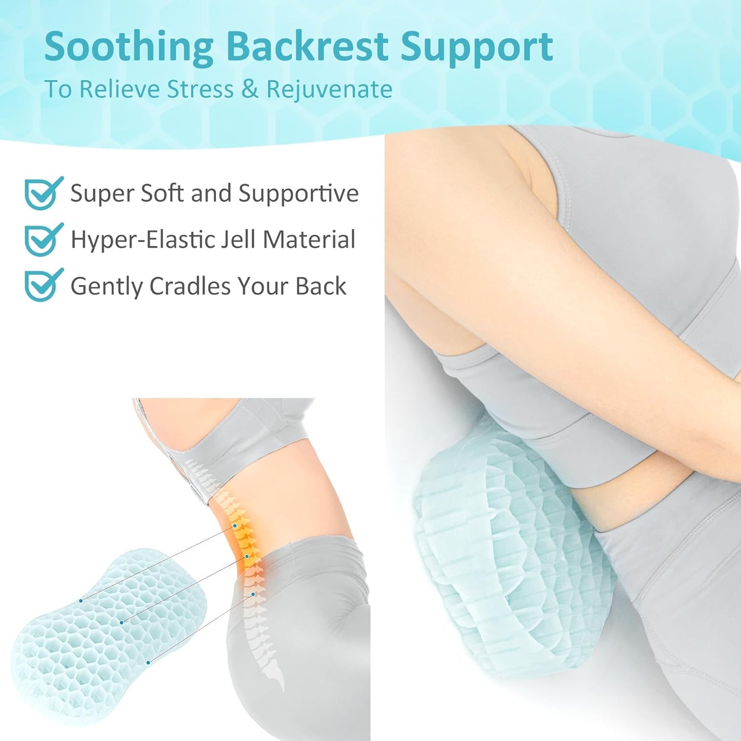 Sunlit Bath Jello Mini Gel Bath Pillows, Lumbar Pillow for Bathtub, Back Support Pillow, Gel Pillow with Non-Slip Suction Cups for Lumbar, Back Rest Support, Fits Curved or Straight Back Tubs, Aqua