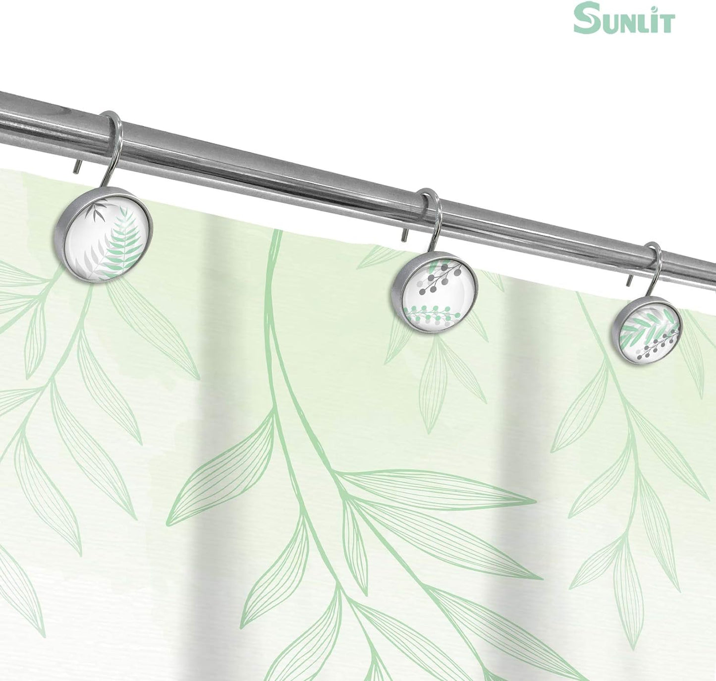 Sunlit Round Crystal Glass Decorative Shower Curtain Hooks, Rust Proof Oil Rubbed Metal Shower Curtain Rings, Leaf Shower Curtain Hooks-12 Pack, Gray Green Leaves