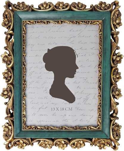 Sunlit Vintage Picture Frame 5x7 Inch, Luxury Antique Photo Frames with Glass Front, Photo Display, Tabletop Wall Hanging, Gift Ideas, Gold and Blue