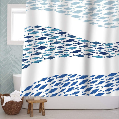 Sunlit Design Blue Fish School Fabric Shower Curtain, Cartoon Fishes Bathroom Decor Curtain, Blue