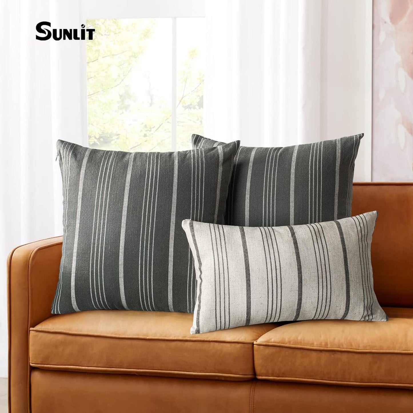 Sunlit Decorative Farmhouse Throw Pillow Case, Cover Only, Set of 2 Cream/Off-White with Charcoal Stripes Square Pillow Cover, 18" x 18", Textured Linen Throw Cushion Covers