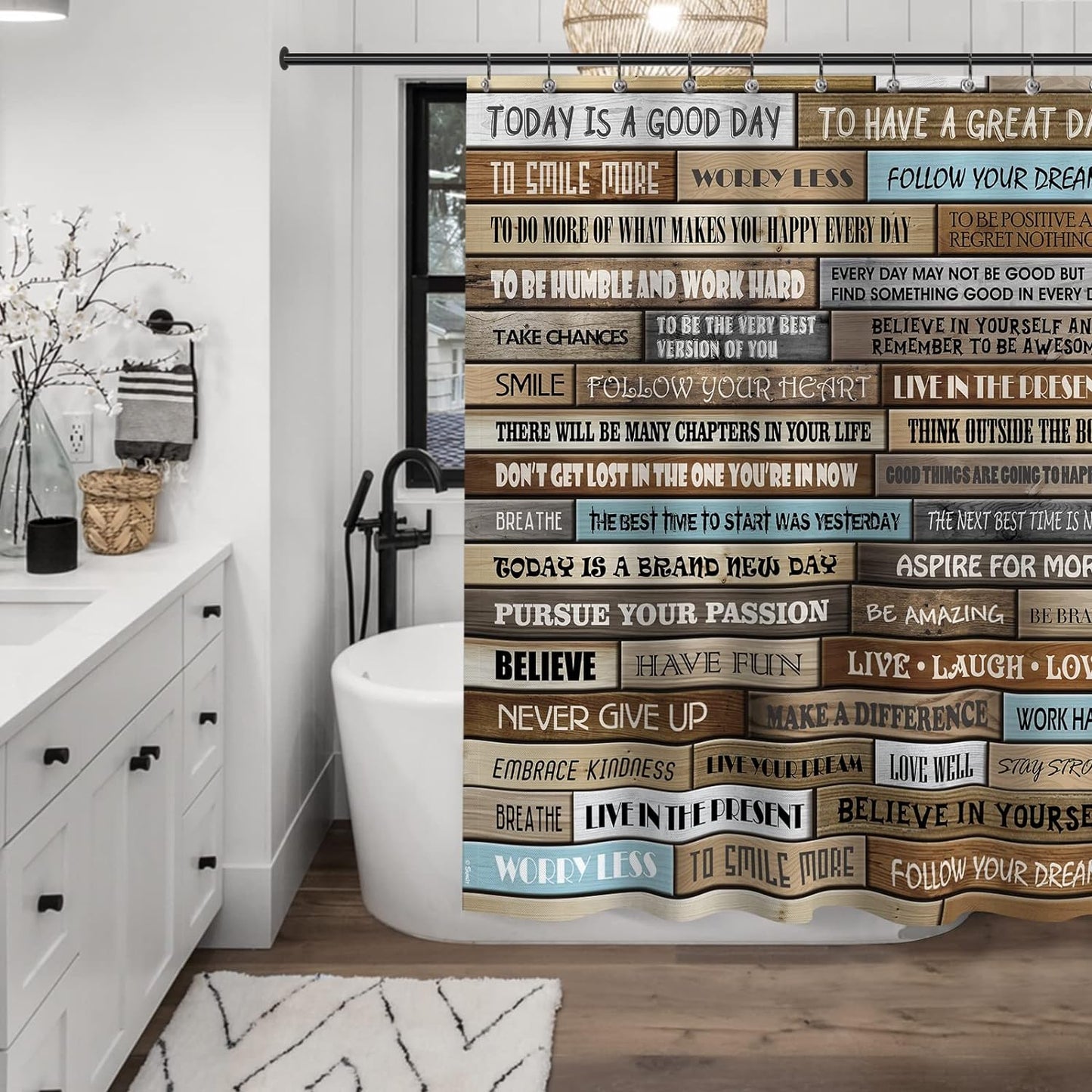 Sunlit Extra Long Inspirational Motivational Happiness Quotes for Courage Be Awesome Poster Print Rustic Cabin Shower Curtain Teak Closet Curtain Home Bathroom Decor Fabric Quote Tapestry