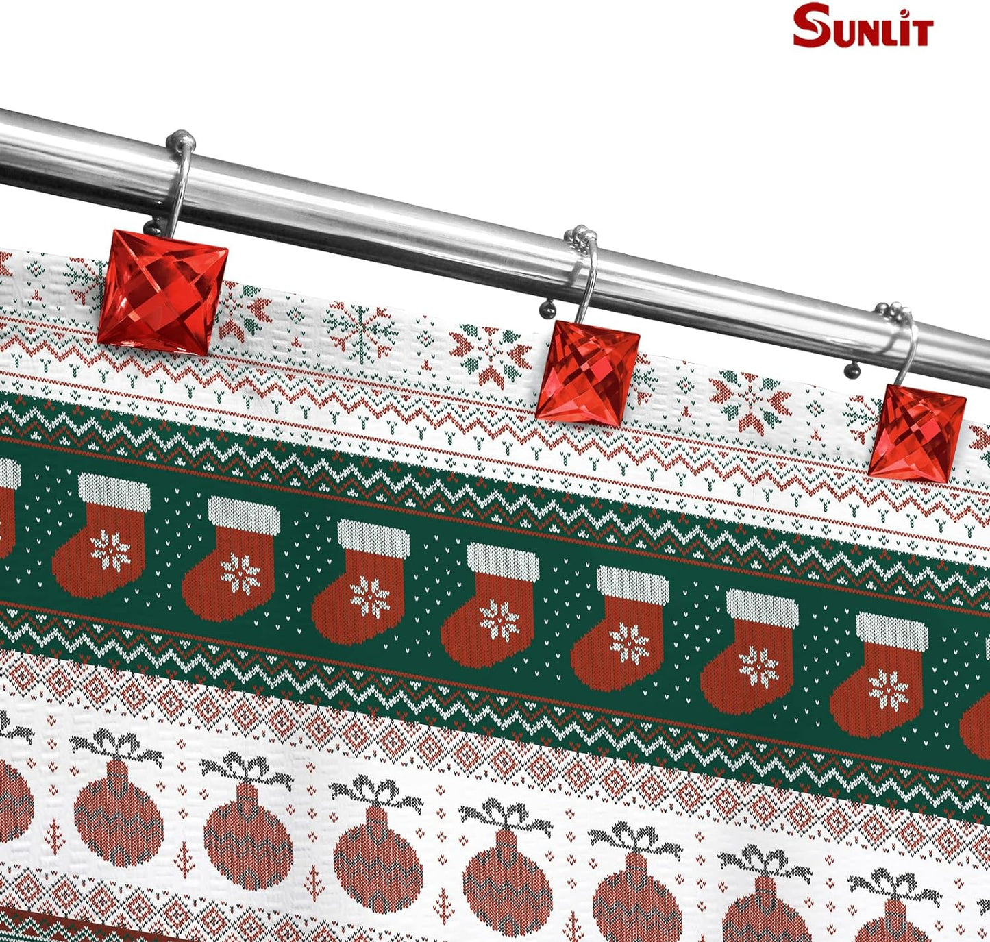 Sunlit Luxury Design Square Red Diamond Crystal Gem Bling with Glide Balls Shower Curtain Hooks, Rust Proof Metal Rhinestones Glam Shower Curtain Rings-12 Pack